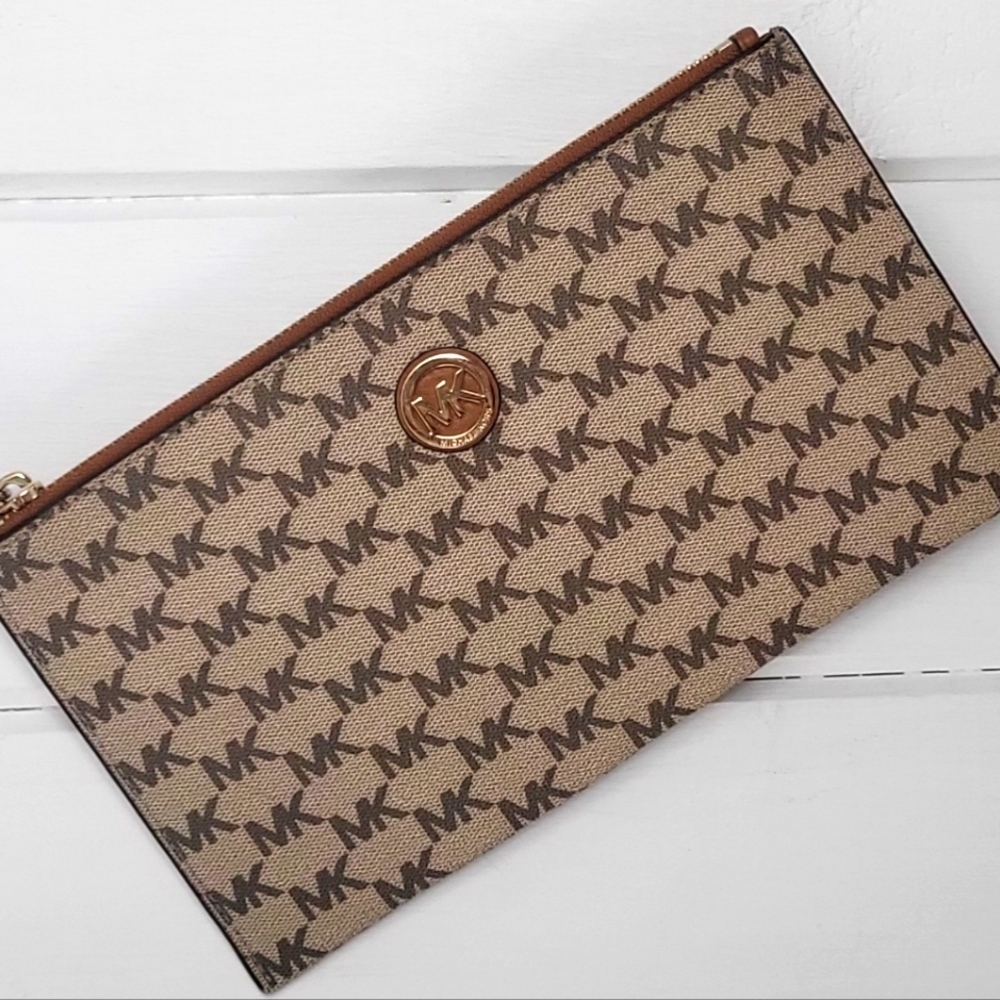 Michael Kors Khaki Tan Brown PVC Signature Print Wristlet